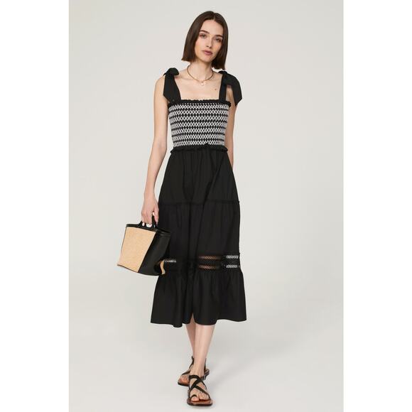 PETER SOM COLLECTIVE Black White Lace Detail A-Line Smocked Midi Dress Size S - Picture 1 of 15